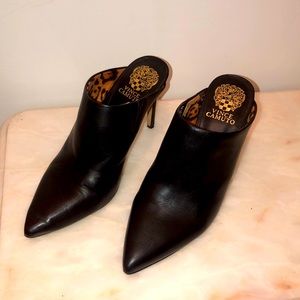 Vince Camuto black leather high heel slide